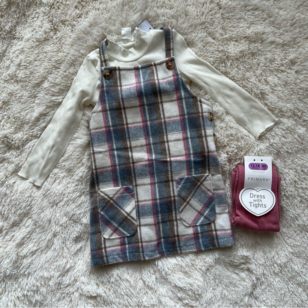 Primark Plaid Dress with White Long Sleeve Shirt and Pink Tights